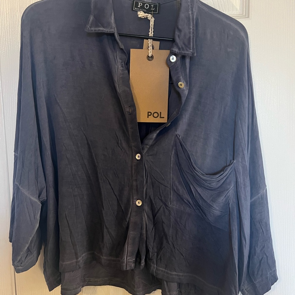 POL Navy Button-Up Blouse